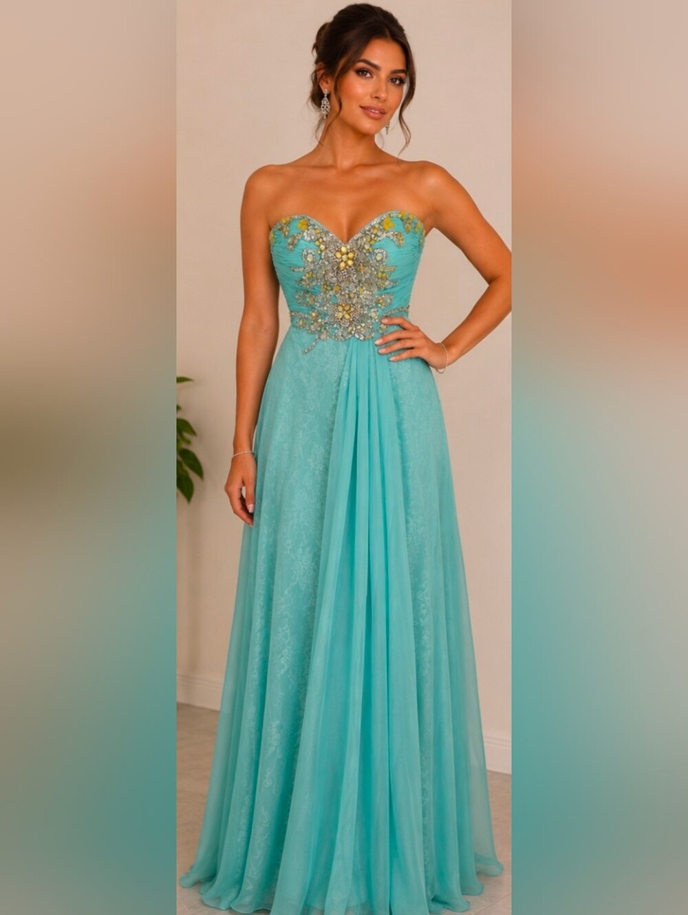 Temptations Turquoise Strapless Beaded Prom Gown